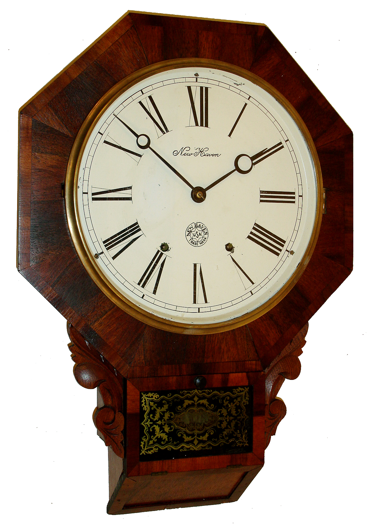 New Haven Clock Co., New Haven, Conn., "Drop Octagon No. 2" chisel-bottom rosewood 8 days, time and strike, drop octagon wall clock, c1860 — Antique Clocks Price Guide