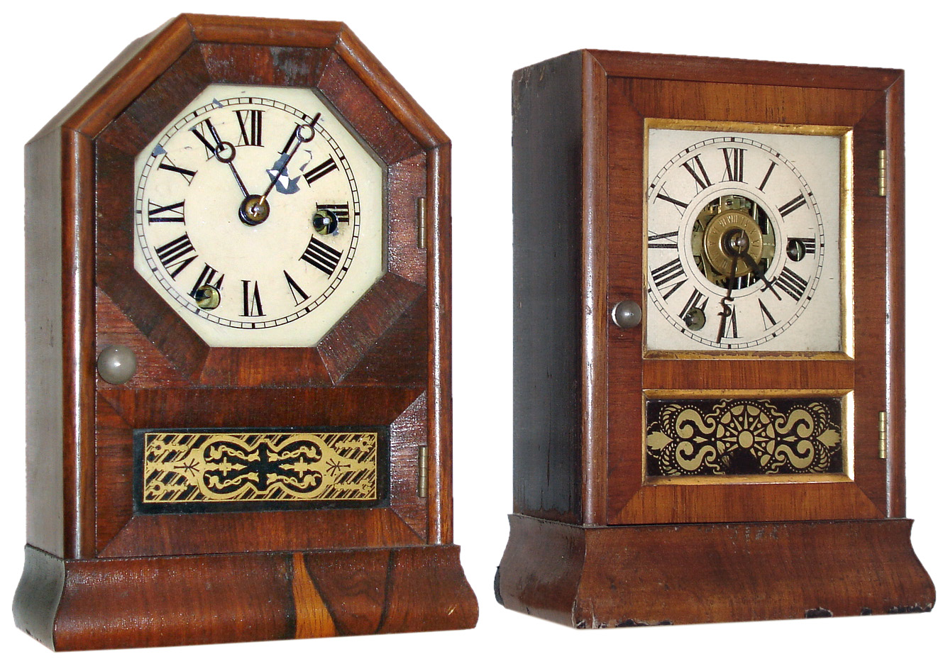Clocks- 2 (Two) 30 hours, time and alarm spring driven Cottage Shelf clocks manufactured by the Seth Thomas Clock Co., Plymouth Hollow, Conn. c 1860. — Antique Clocks Price Guide