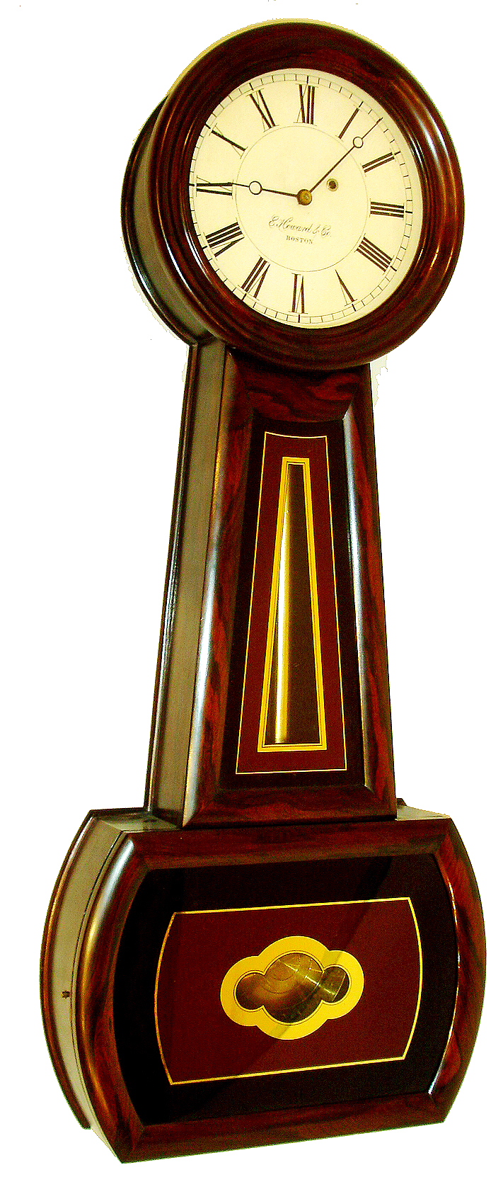 E. Howard Clock Co., Boston, Mass., "No. 2 Banjo" wall clock, 8 days, time only, weight driven movement in a rosewood grained cherry case with reverse painted throat and lower tablet and painted metal dial, c1885 — Antique Clocks Price Guide