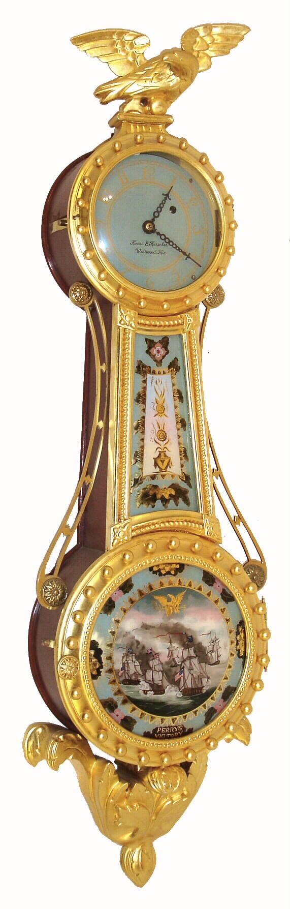 Henri Herschel, Westwood, Mass., 8 days, miniature girandole reproduction, c1990 This person made other clocks such as pillar &amp; scroll and Mass. shelf clocks. — Antique Clocks Price Guide