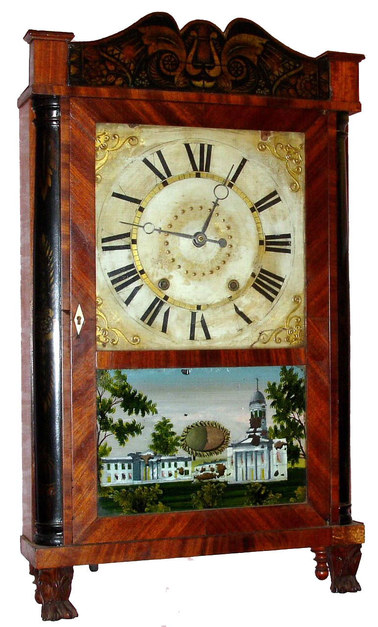 Eli Terry Jr., Plymouth Conn., pillar and splat short drop shelf clock, 30 hours, wooden works, time and strike, with reverse painted lower tablet, c1833 — Antique Clocks Price Guide
