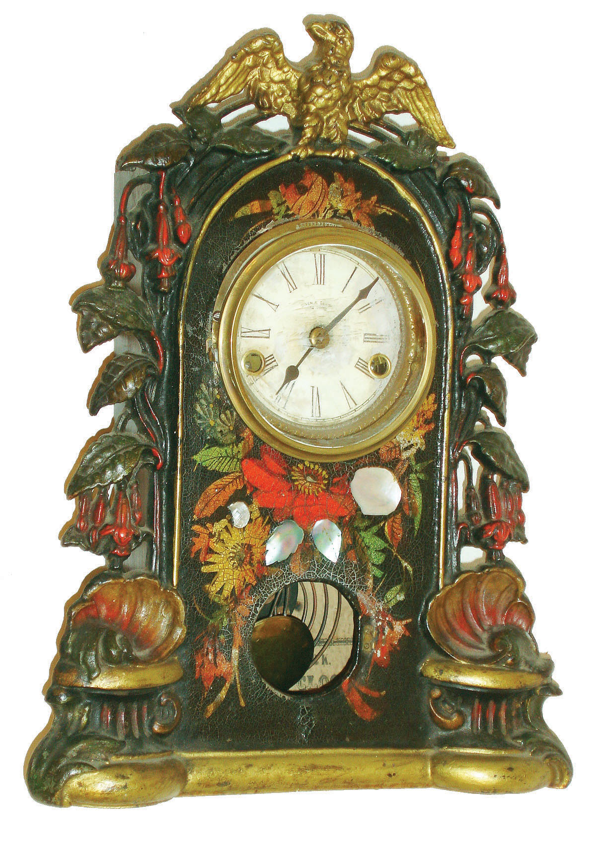 Owen &amp; Clark, New York, 30 hour, time and strike, MOP with painted decoration iron front shelf clock, c1860 — Antique Clocks Price Guide