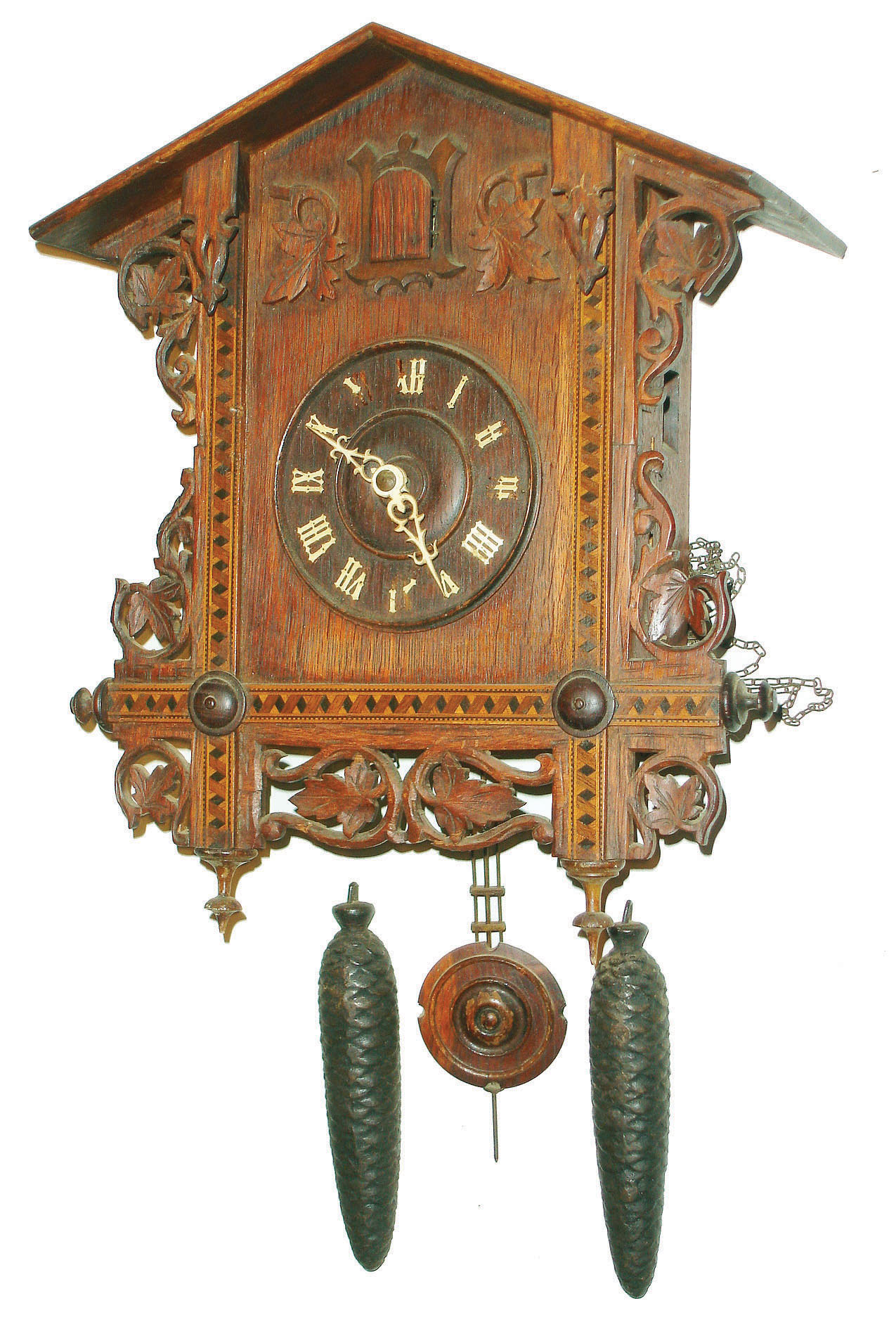 Black Forest, Germany, inlaid oak 2 weight 30 hours, hanging cuckoo clock, back stamped "J.B. Colby, Barre, Mass.", 1899 — Antique Clocks Price Guide