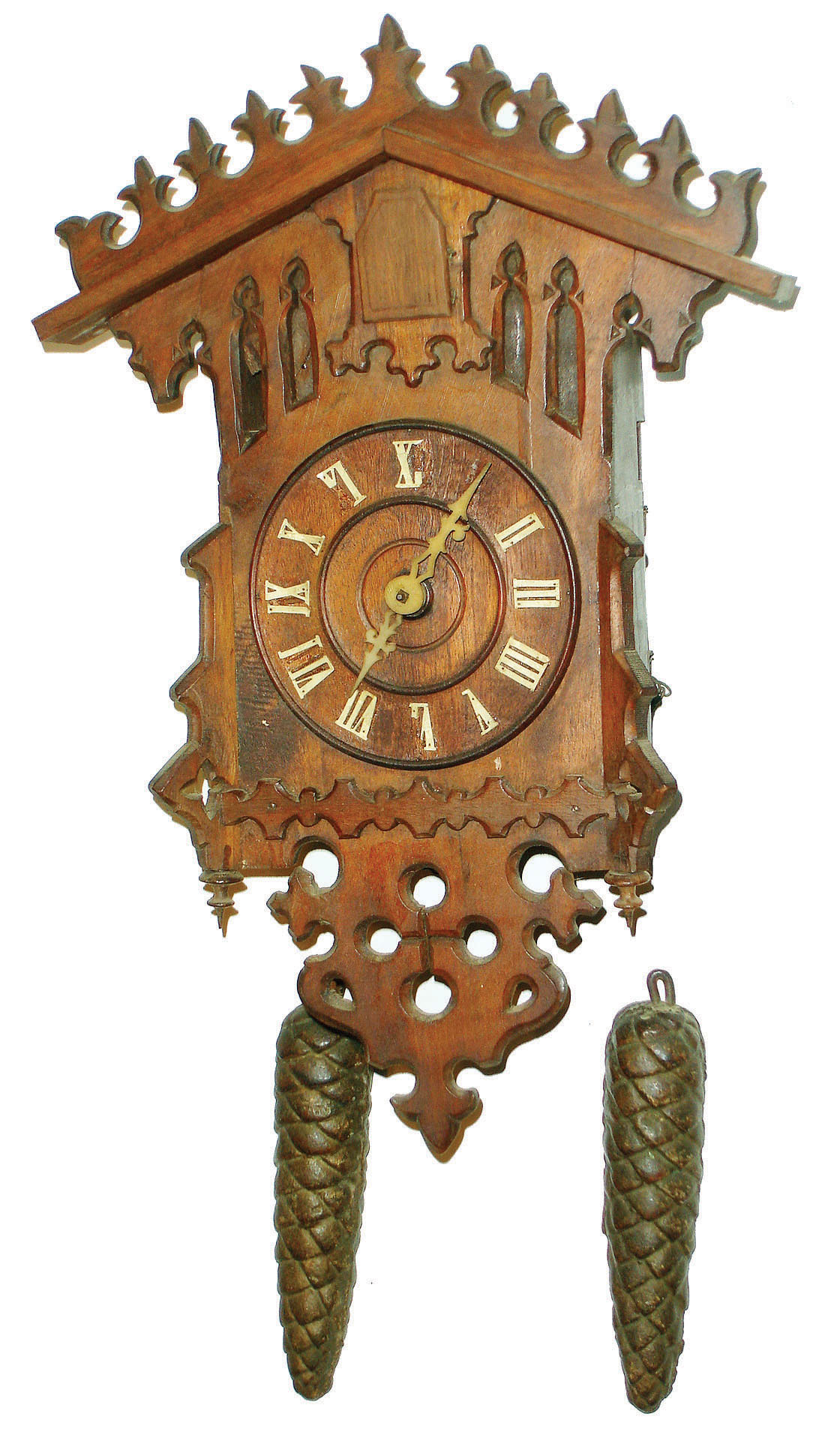 Black Forest, Germany, early 2 weight 30 hours, time and strike, carved walnut hanging cuckoo clock, c1870 — Antique Clocks Price Guide