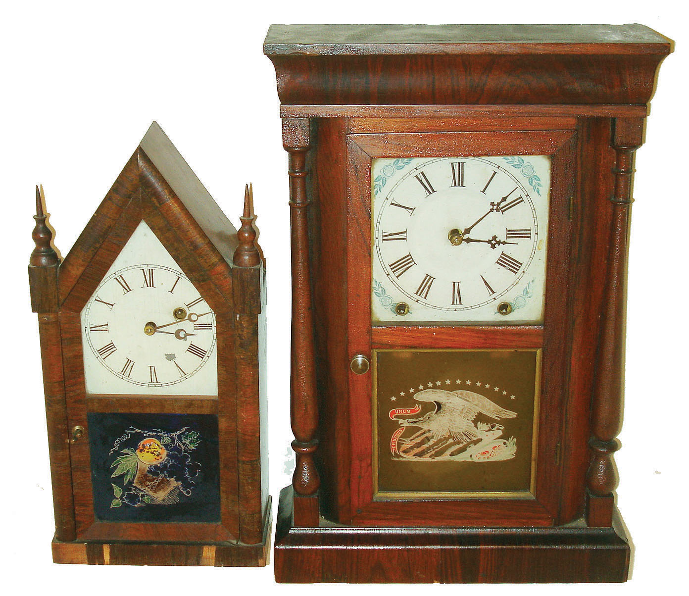 Clocks- 2 (Two): (1) Ansonia Brass Co. 30 hours, miniature sharp gothic or steeple timepiece, c. 1860 and (2) Ansonia Clock Co. 8 days, time and strike, small column &amp; cornice shelf clock, c. 1870. — Antique Clocks Price Guide