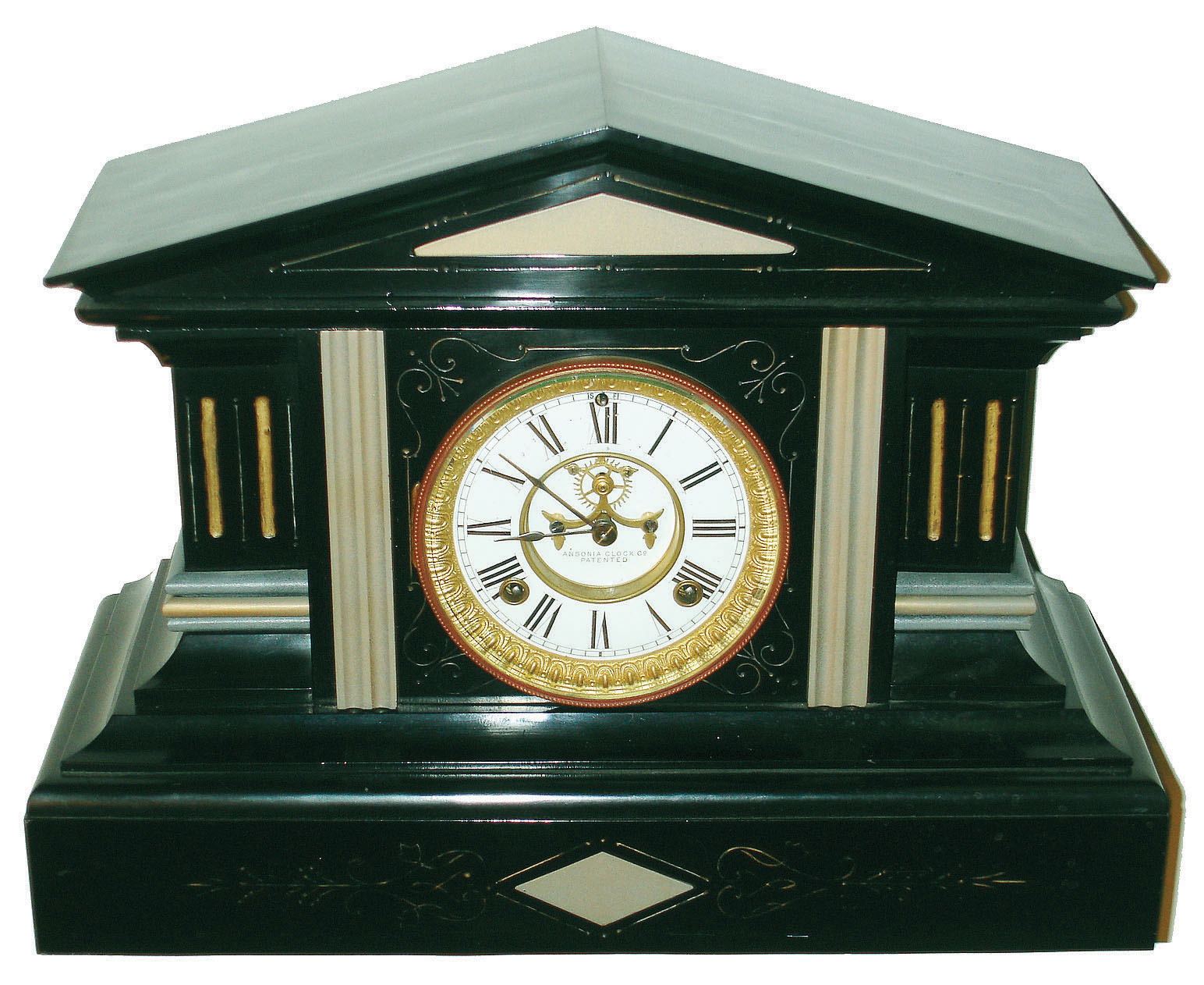 Ansonia Clock Co., New York, "Sweden" enameled iron 8 days, time and strike, mantel clock, visible escapement, c1886 — Antique Clocks Price Guide