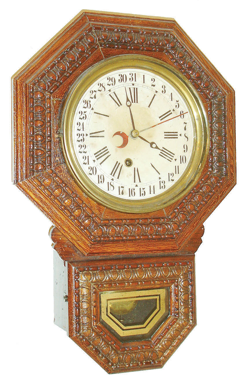 E. Ingraham &amp; Co., Bristol, Conn., "8-Inch Drop Octagon", 8 days, spring brass movement wall calendar clock or timepiece, c1915 — Antique Clocks Price Guide