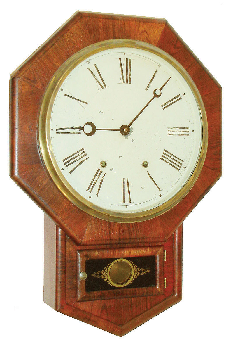 Jerome &amp; Co., (New Haven Clock Co.), New Haven, Conn., 8 days, time and strike, rosewood veneered schoolhouse wall clock, c1875 — Antique Clocks Price Guide