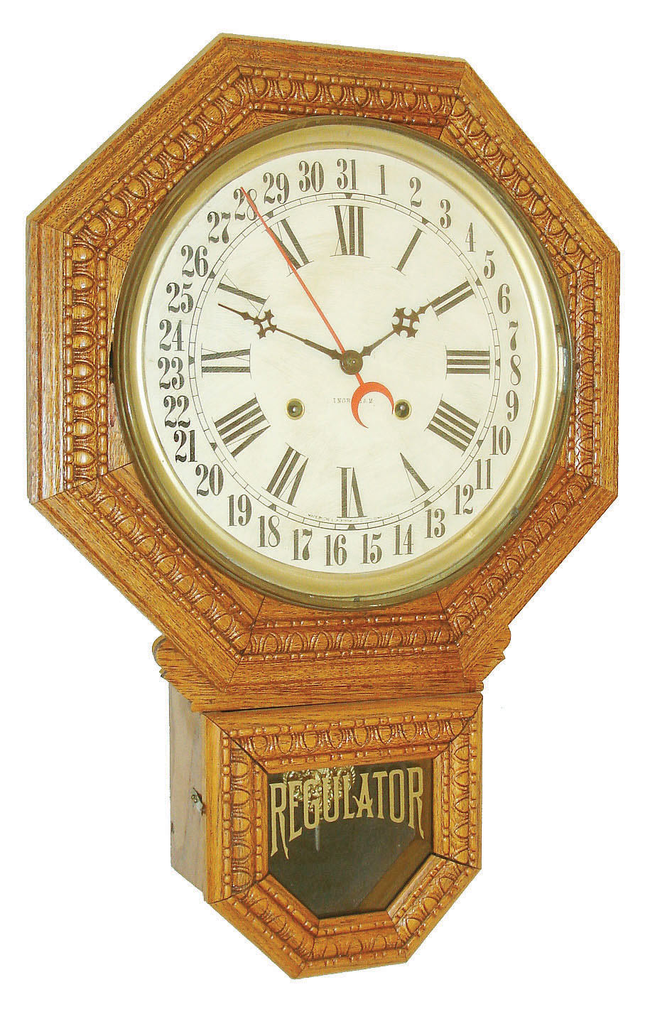 E. Ingraham &amp; Co., Bristol, Conn., "12-Inch Drop Octagon", 8 days, time and strike, pressed oak case calendar wall clock, c1907 — Antique Clocks Price Guide