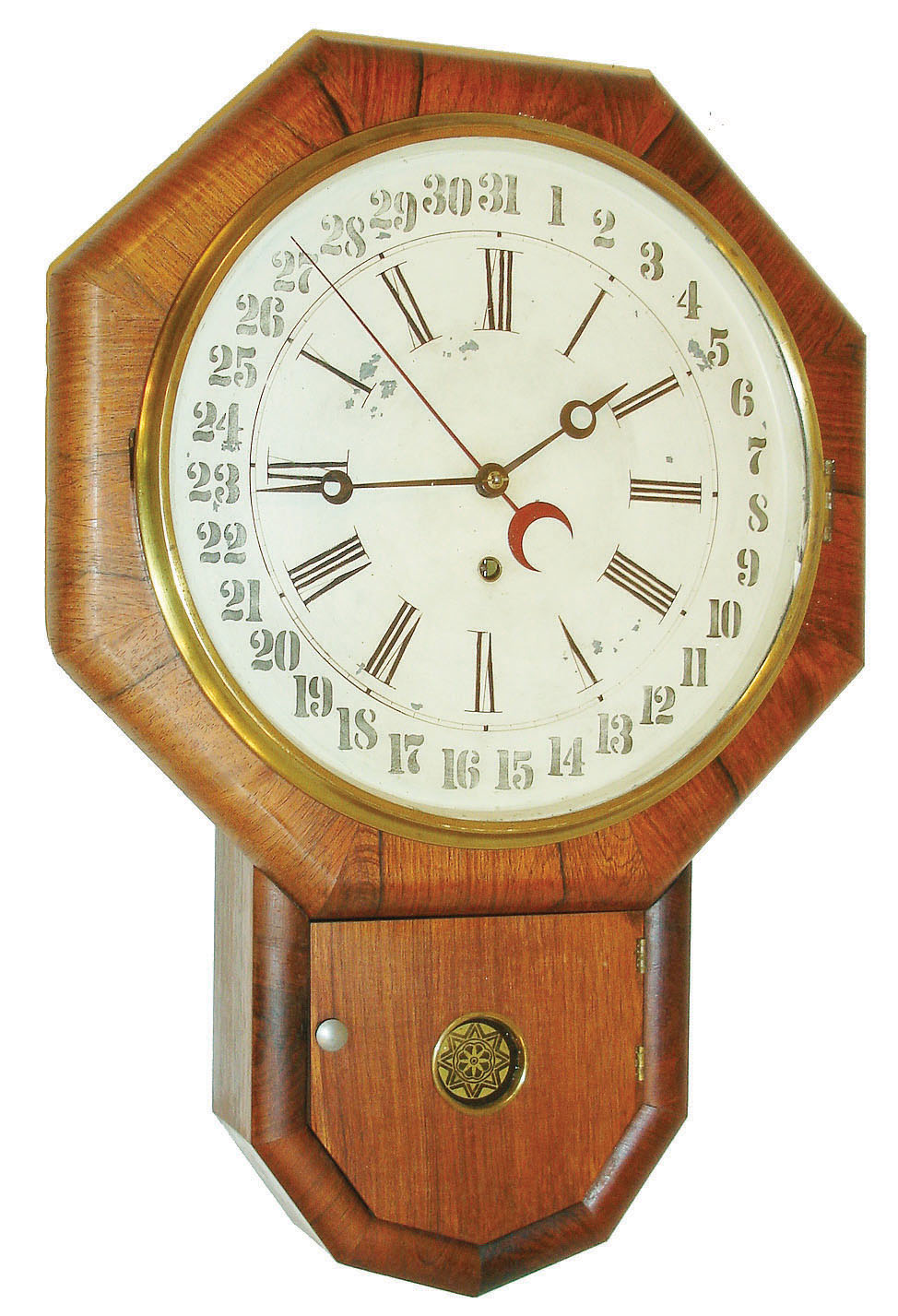 William L. Gilbert Clock Co., Winsted, Conn., "Octagon Drop Calendar" 8 days, spring brass movement wall calendar clock or timepiece, c1875 — Antique Clocks Price Guide