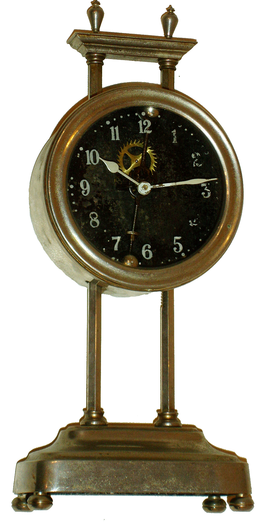 Gravity Clock, European, 30 hours, with exposed compound pendulum visible through the glass dial. Movement is in a nickel plated canister that is raised on toothed post to wind, c1922 — Antique Clocks Price Guide