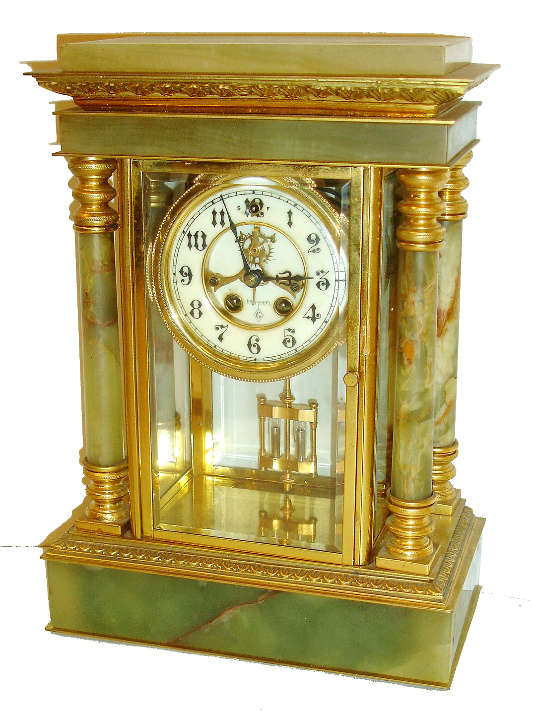 Gilbert Clock Co., Winsted, Conn., Magdalene variant crystal regulator, green onyx case with gilt brass mounts, beveled glasses, Arabic numeral white enamel dial with sunk center, exposed escapement and beat adjustment, blued steel hands, 8 days, time and strike, movement with round plates, faux mercury pendulum, c1915 — Antique Clocks Price Guide