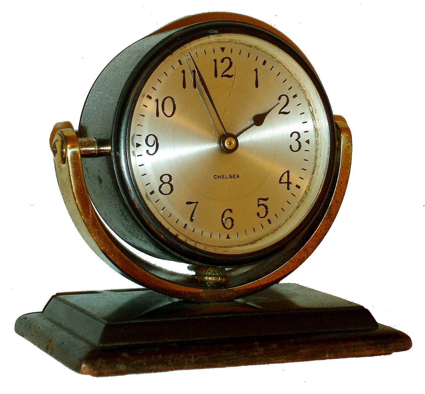 Chelsea Clock Co., Boston, "Haley" bronzed 8 days, time only tilting desk clock, c1950 — Antique Clocks Price Guide