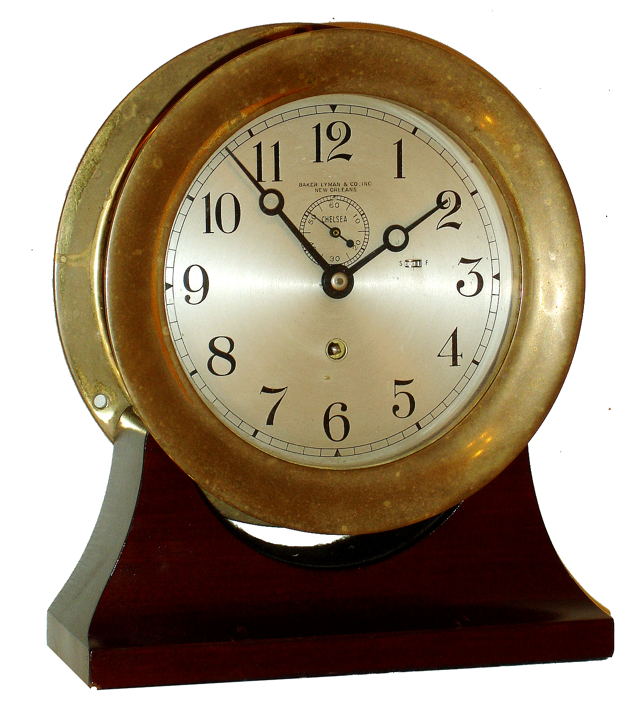 Chelsea Clock Co., Boston, "Marine" 6" dial for "Baker Lyman &amp; Co., Inc., New Orleans" brass screw-bezel wall clock, #783620, with non-matching wood cradle, c1974 — Antique Clocks Price Guide