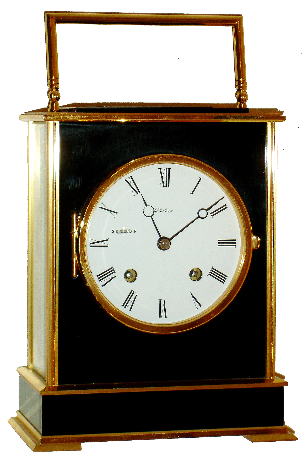 Chelsea Clock Co., Boston, large carriage-clock style mantel clock, 8 days, house strike movement #859171, Swiss-made brass, black enamel and beveled glass case, c1987, with dedication plate on top with 1937 date — Antique Clocks Price Guide