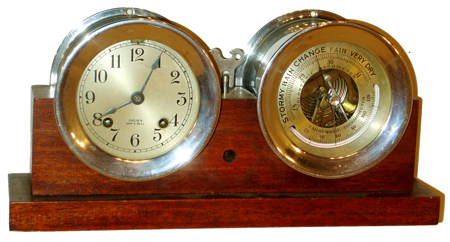Chelsea Clock Co., Boston, 4" ship's bells 8 days, clock and matching barometer in nickel plated screw bezel cases on home-made mahogany cradle, #489048, 1945 — Antique Clocks Price Guide