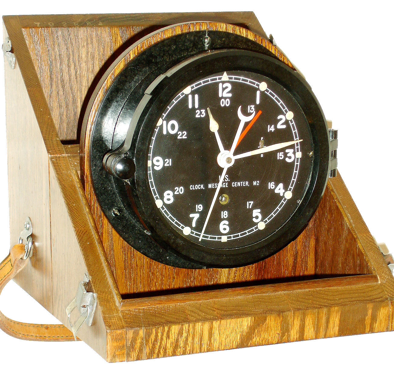 Chelsea Clock Co., Boston, "U.S. Army Message Center, Mark 2" 8 days, time only military timepiece in oak tilt-out carrying case, serial number 867544, 1987 — Antique Clocks Price Guide