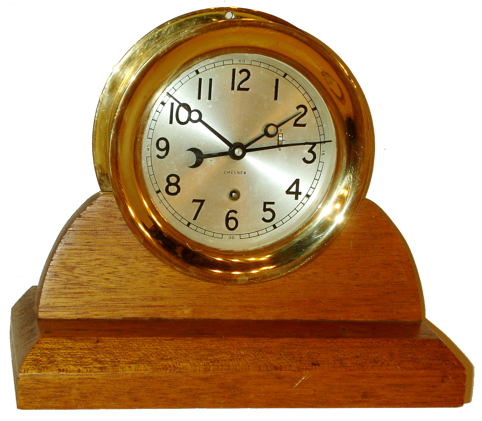 Chelsea Clock Co., Boston, 6" time only marine clock in brass case, screw bezel, #641634, with home-made thick mahogany cradle, c1961 — Antique Clocks Price Guide