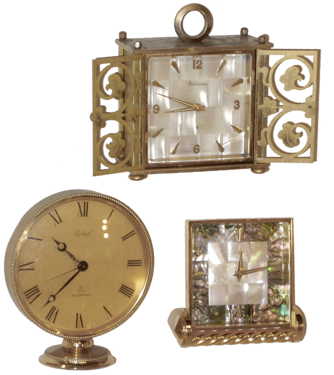 Clocks- 3 (Three) Bucherer/Imhof Swiss brass 8 days, alarm clocks, 20th century — Antique Clocks Price Guide