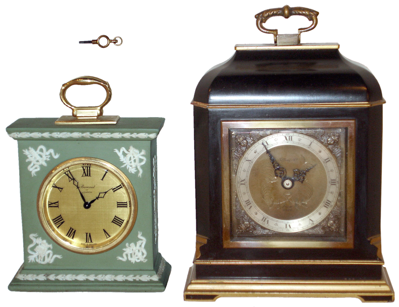 Clocks- 2 (Two) English time only 8 days, desk clocks: Elliott black and gold painted wood small bracket clock with Tiffany brass and silvered dial, dated 1960; Baronet of London green Wedgewood small bracket clock dated 1971 — Antique Clocks Price Guide