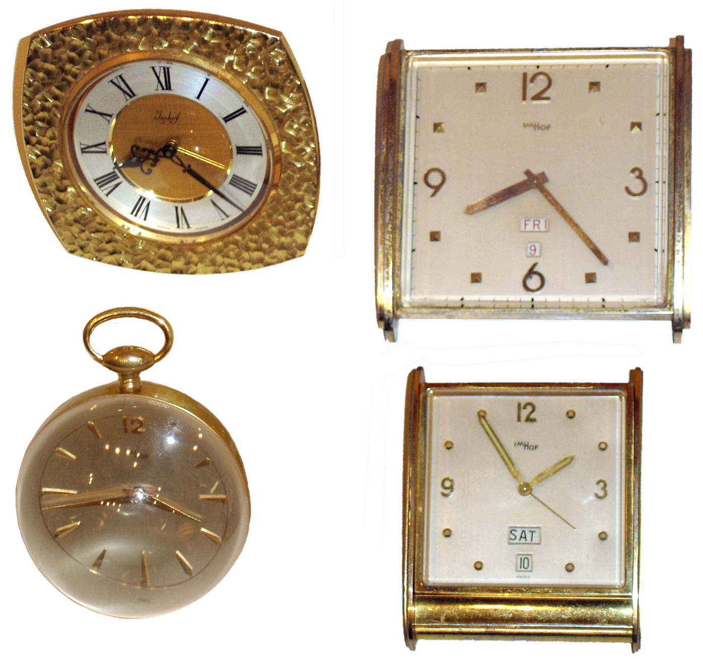 Clocks- 4 (Four) Imhof Swiss brass desk clocks: two with calendars, two with alarms, 8 days, jeweled movements; one is a round paperweight clock with cast clear acrylic half spheres, 20th century — Antique Clocks Price Guide