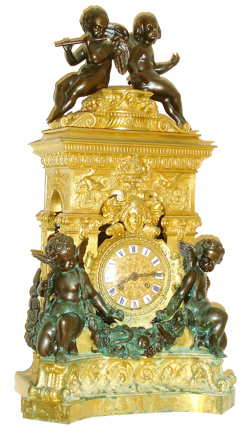French gilt and patinated bronze mantel clock, base with scrolls and Adamesque vines, corner pilasters with fancy capitals, female mask above dial, squirrel, compote with fruit, and bird in frieze, acanthus leaf cornice, and top with stepped plinth, case sides with niches containing urns, base and top each with 2 patinated putti, the lower figures bearing swags of fruit, Roman numerals on ceramic cartouches mounted to gilt dial, blued steel hands, 8 days, time and strike, Pendule a Paris movement signed "Douillon", and "Christophle a Paris", c1850 — Antique Clocks Price Guide