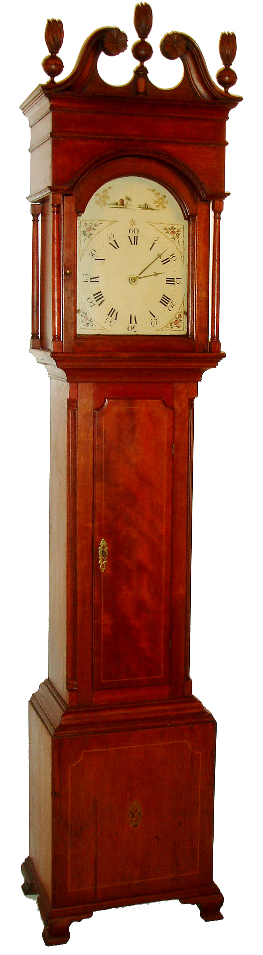 Pennsylvania Cherry tall case with original German wooden plated, 11-bell musical movement, time, strike and music. Good cherry case with long door, deep scrolls and original flame finials, from the Doug Shaffer collection. c1810 — Antique Clocks Price Guide