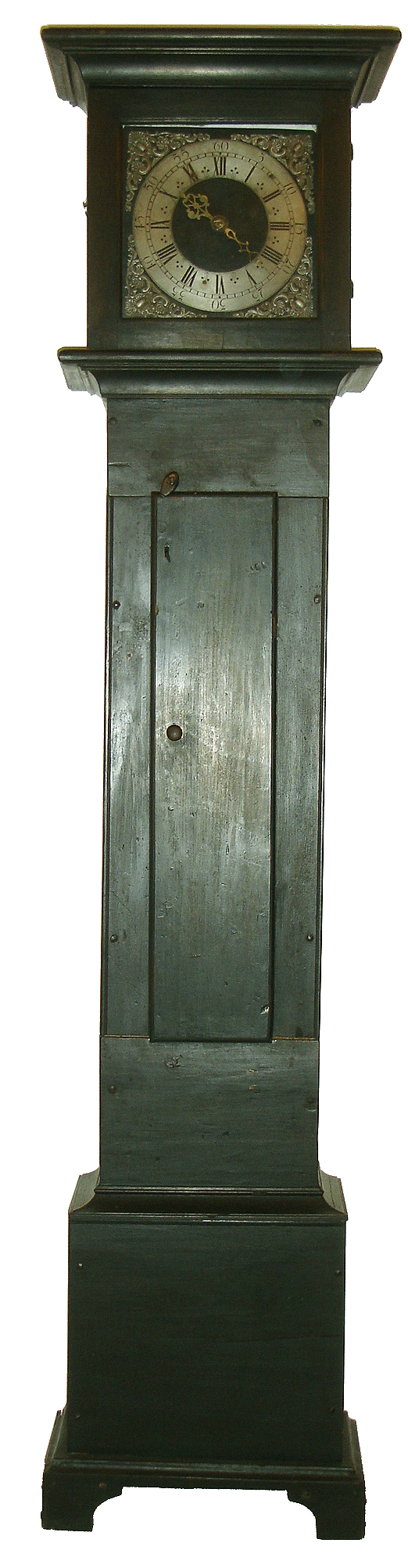 American, unsigned, c1770 one day brass movement, two full train, two weight bell strike, In the manner of Lancaster area German clockmakers, now in a reproduction painted case made by E. F. LaFond in 1969 from old pine planks [case dated clearly]. From the Doug Shaffer collection. — Antique Clocks Price Guide