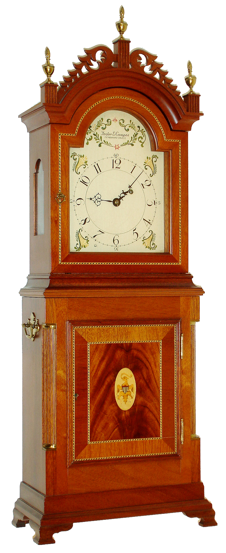 Foster Campos, Pembroke, Mass., Massachusetts shelf clock, 8 days, time only, weight driven movement in an inlaid mahogany case with fretwork top and three brass finials, painted metal dial, dated 1981 — Antique Clocks Price Guide