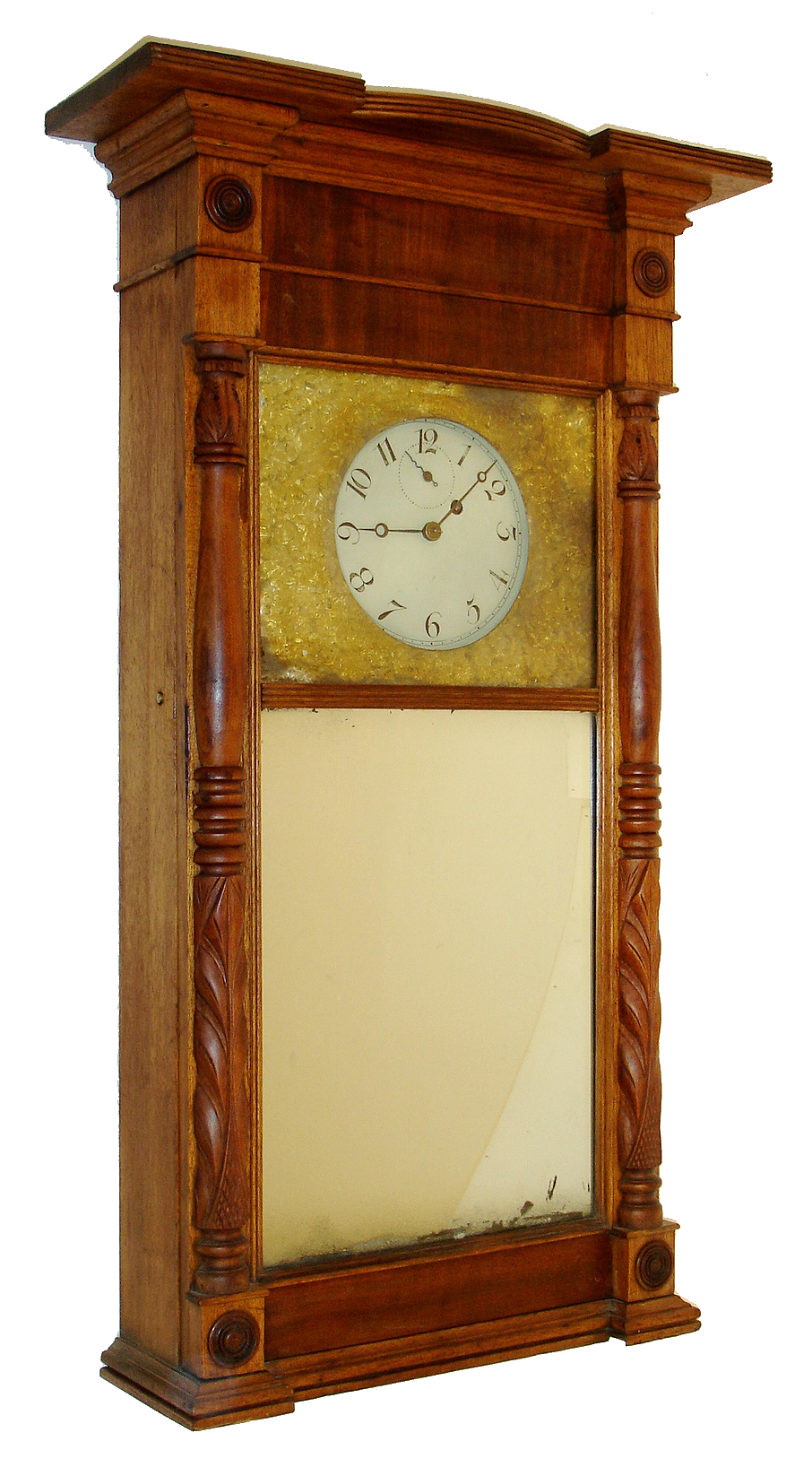 Asa Munger, Auburn, N.Y., ironing board mantel clock, 8 days, time only, weight driven movement in a mahogany case with painted metal dial and golden color dial surround and mirror tablet, c1828 — Antique Clocks Price Guide