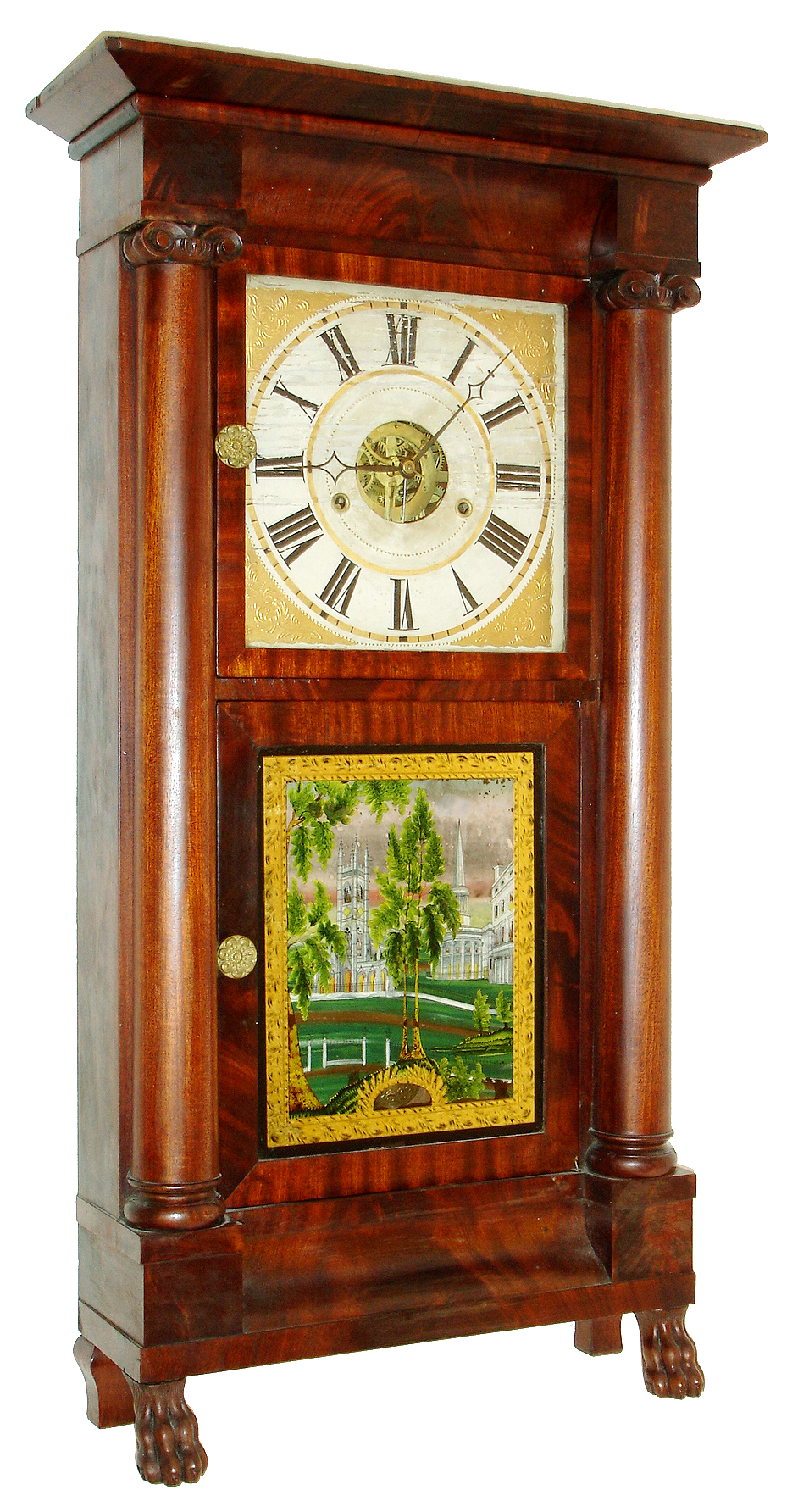 Silas B. Terry, Plymouth, Conn., Empire mantel clock, 8 days, time and strike, weight driven circular movement with solid brass back plate in a mahogany veneer case with painted wooden dial and reverse painted tablet, c1835 — Antique Clocks Price Guide