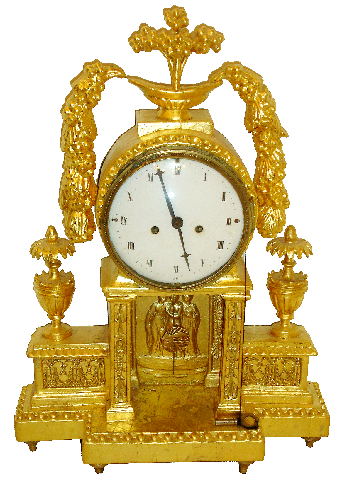 Austrian mantel clock, gilded, carved wooden case with classical ornament resting on turned feet, Roman numeral white enamel dial, blued steel hands, 2 day time and strike, movement with silk thread suspension, c1810 — Antique Clocks Price Guide