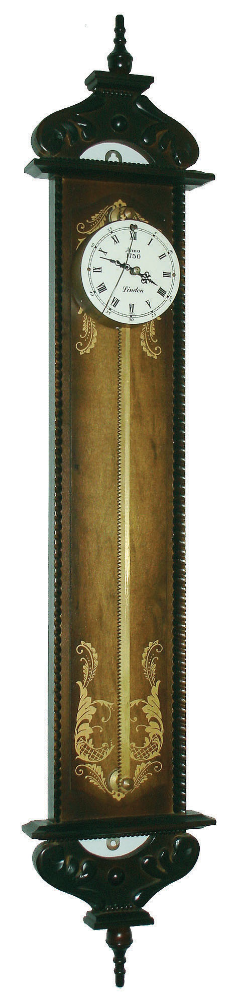 Linden, Japan, modern reproduction stained wood 8 days, gravity wall clock, c1990 — Antique Clocks Price Guide