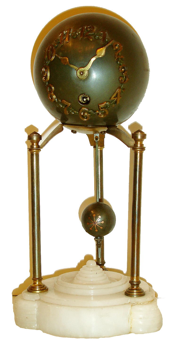 Junghans, Germany, desk or nightstand clock, patinated brass spherical case containing movement and with applied Arabic numerals for dial, gilt spade hands, with tripod support and alabaster base, 8 days, timepiece movement with pendulum, c1920 — Antique Clocks Price Guide