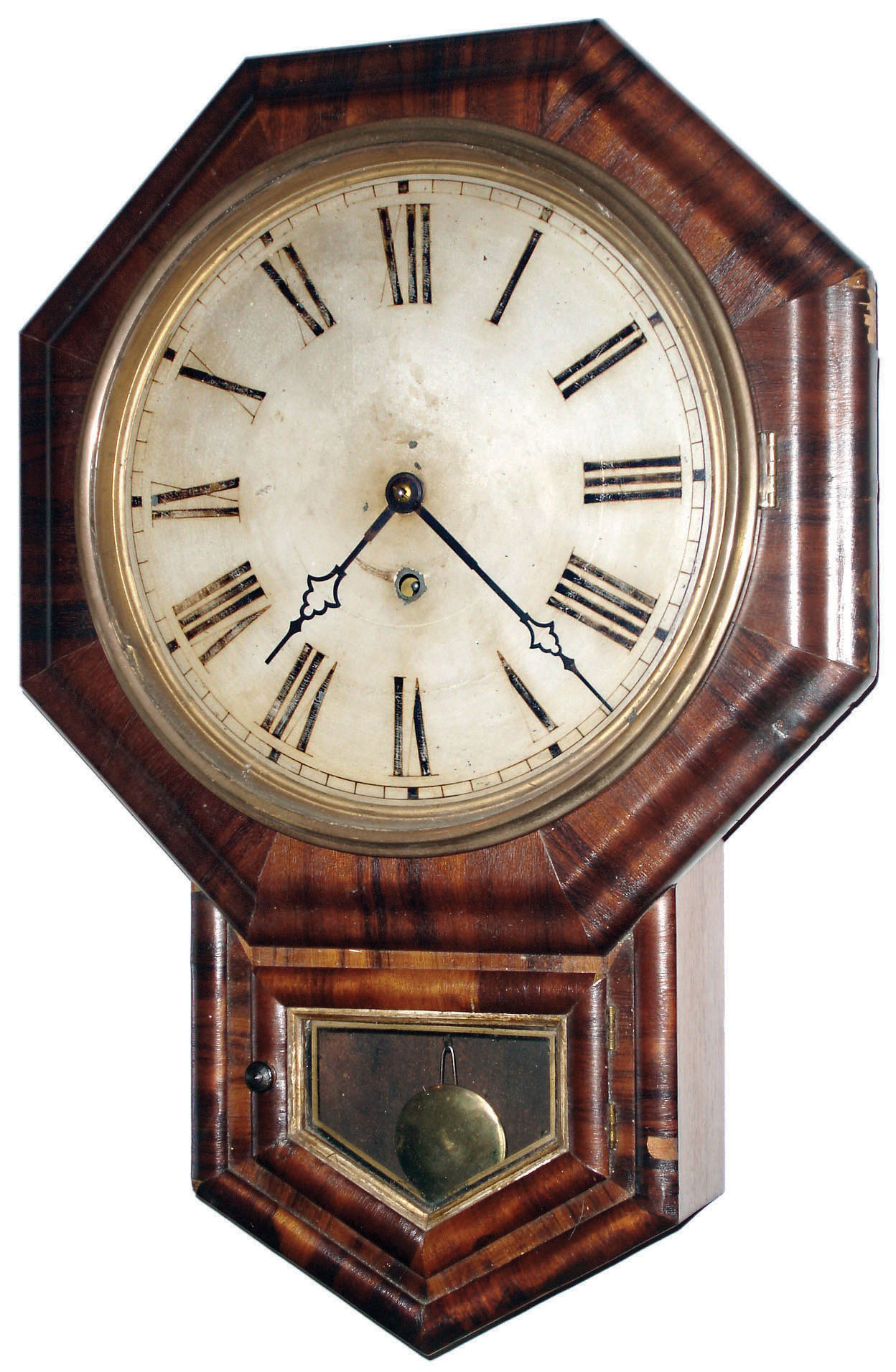 E. N. Welch Mfg. Co., Forestville, Conn. "No. 1 Drop Octagon" 8 days, time only rosewood, short drop school clock, c1889 — Antique Clocks Price Guide
