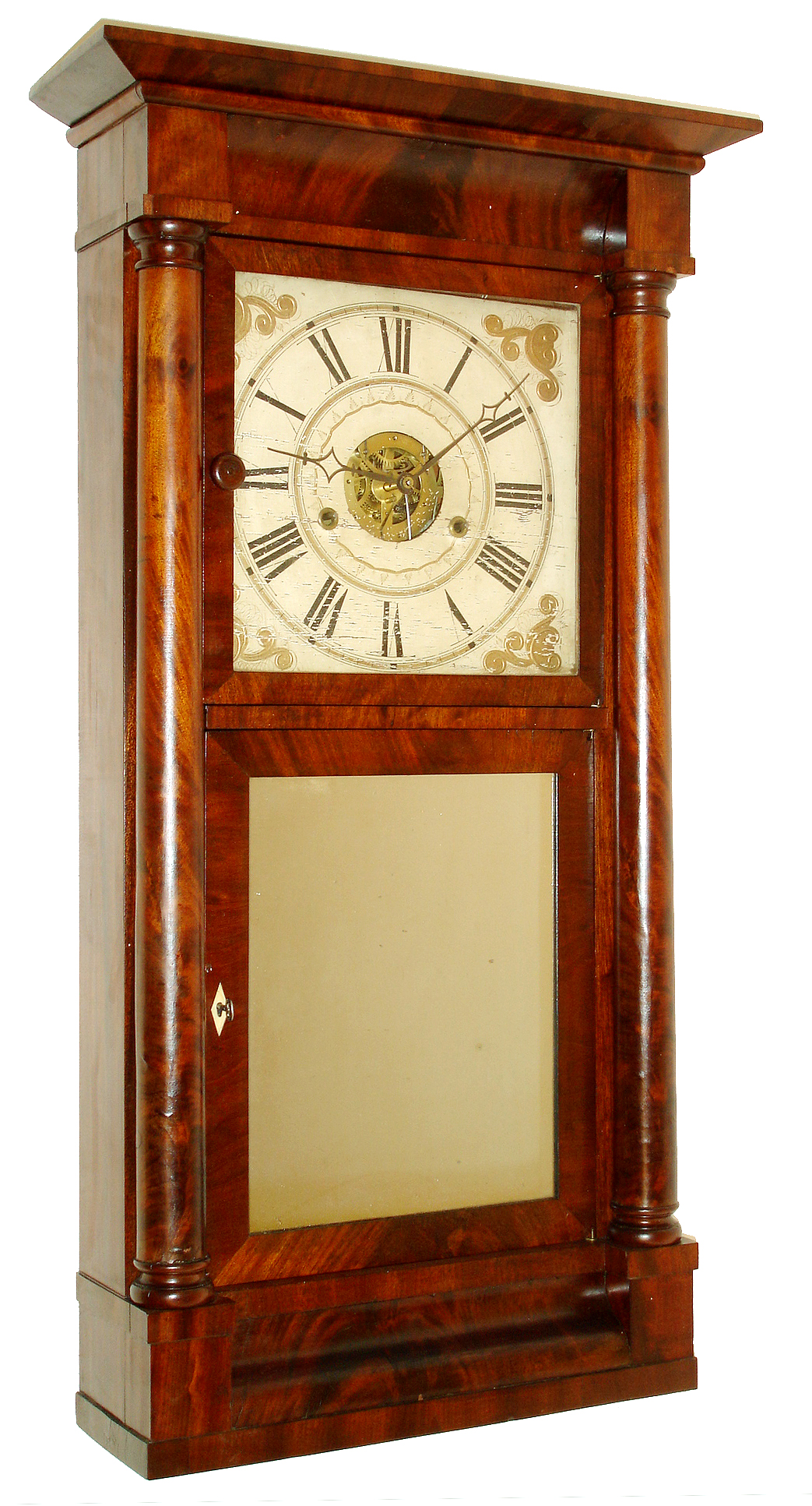 Silas B. Terry, Plymouth, Conn., Empire mantel clock, 8 days, time and strike, weight driven circular movement with solid brass back plate in a mahogany veneer case with painted wooden dial and mirror tablet, c1835 — Antique Clocks Price Guide