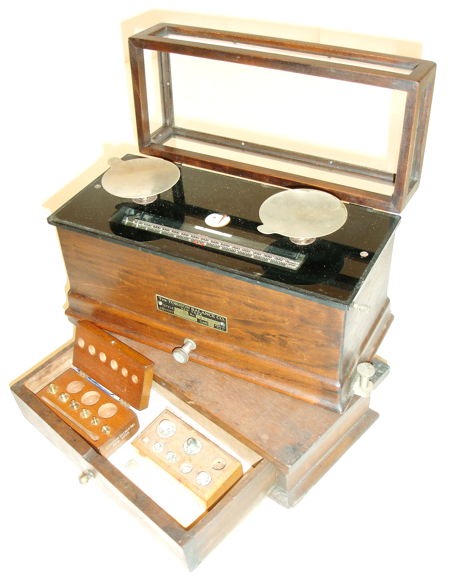 Christian Becker "Chainomatic" analytical balance scale; Torsion Balance Co., New York balance scale and drawer box of weights; two meters by "The Standard Electric Clock Co."; Hygrometer by "Philathermo Co." — Antique Clocks Price Guide