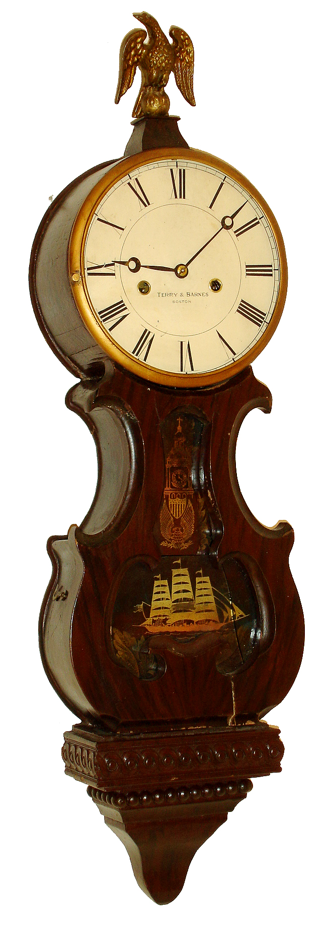 Terry &amp; Barnes, Boston, Mass., diminutive lyre wall clock, 30 hours, time and strike, spring driven movement in a rosewood grained case with painted metal dial and reverse painted tablet, c1856 — Antique Clocks Price Guide