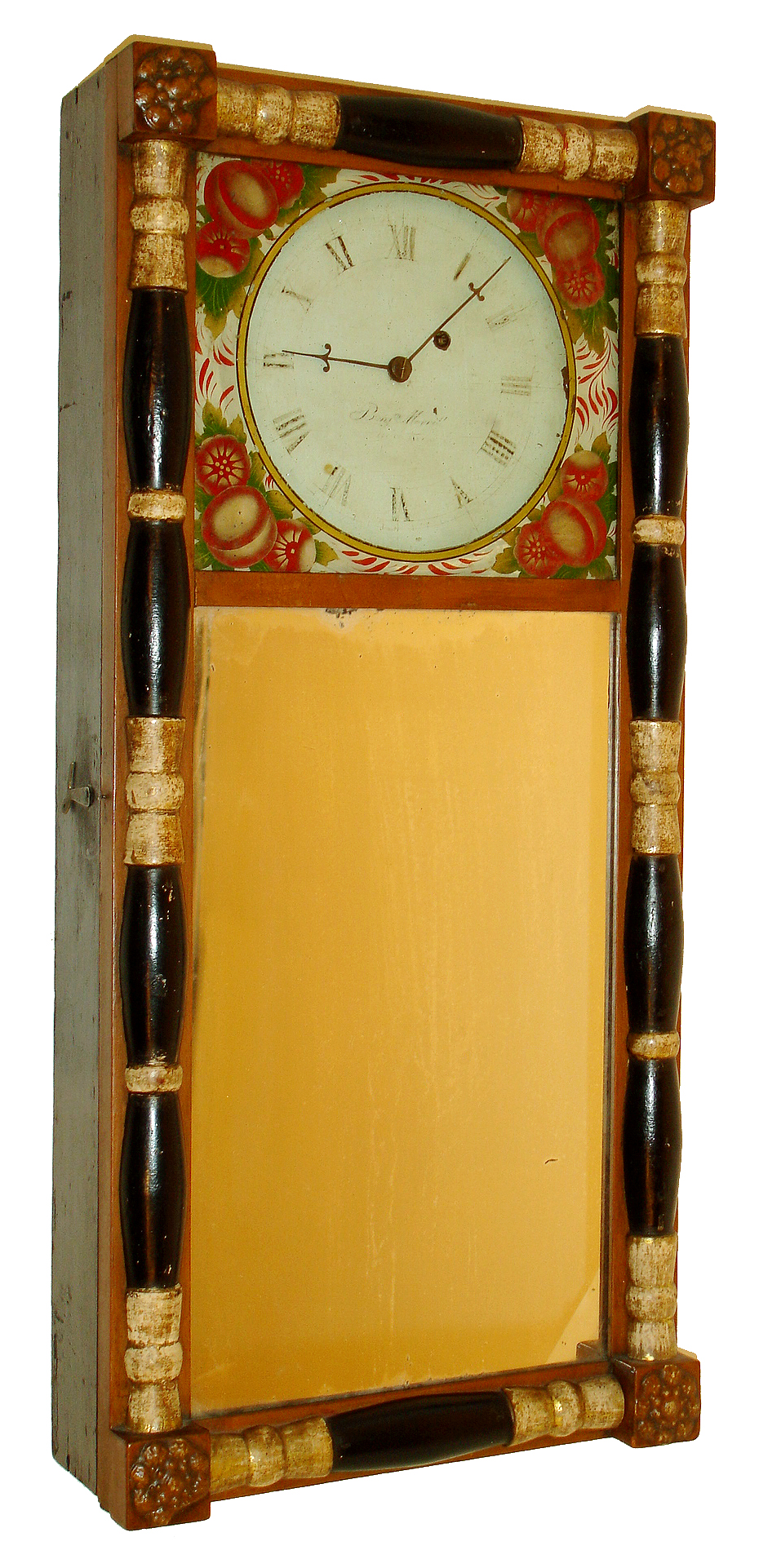 Benjamin Morrill, Boscawen, N.H., NH mirror clock, 8 days, time only, weight driven iron plate movement in a picture frame style case with mirror tablet and reverse painted dial surround and painted metal dial, c1825 — Antique Clocks Price Guide