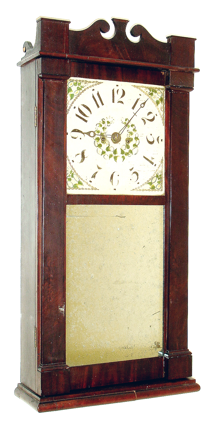 James Cross, Rochester, N.H., looking glass mantel clock, 8 days, time and bell strike, weight driven movement in a mahogany veneer case with stylized front splat and side returns, painted wooden dial, hand written label inside lower case and mirror tablet, c1830 — Antique Clocks Price Guide