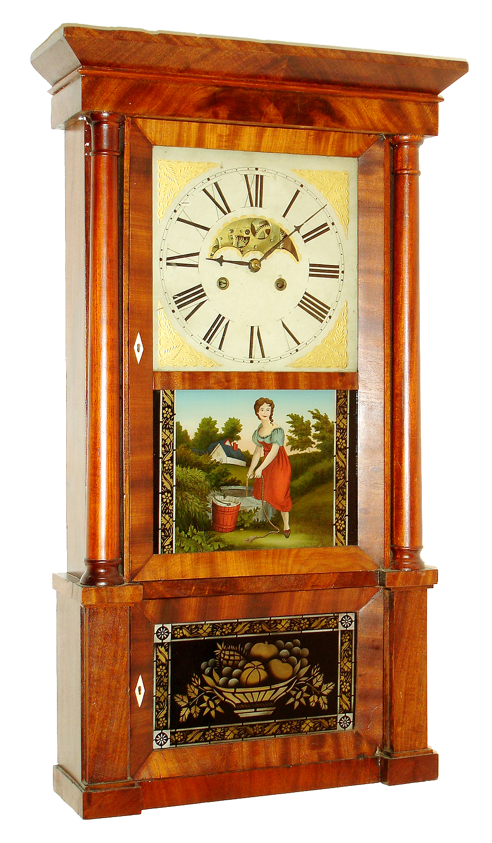 Philip L. Smith, Marcellus, Onondaga County, N.Y., Empire mantel clock, 8 days, time and strike, weight driven Swiss cheese movement in a mahogany veneer case with painted wooden dial and reverse painted tablets, c1830 — Antique Clocks Price Guide