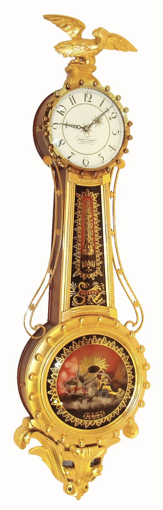 Foster S. Campos, Pembroke, Mass., "Girandole" wall clock, 8 days, time only, weight driven movement in a mahogany case with gold leafed front, painted metal dial and reverse painted convex throat and lower tablets, dated 2000 — Antique Clocks Price Guide