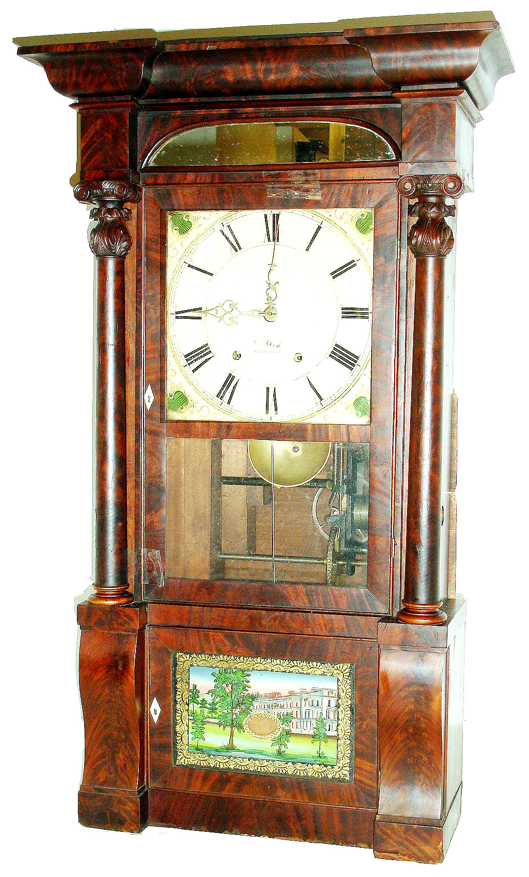 Charles Kirk, Bristol, Conn, RARE Empire cased whistle pipe barrel organ clock, with 16 pipes, in an extra large mahogany column and cornice case, The iron back clock movement actuates the chain fusee driven organ once a day at noon, and there appear to be 7 tunes on the barrel, one for each day of the week, both movements wound weekly, c1850 — Antique Clocks Price Guide