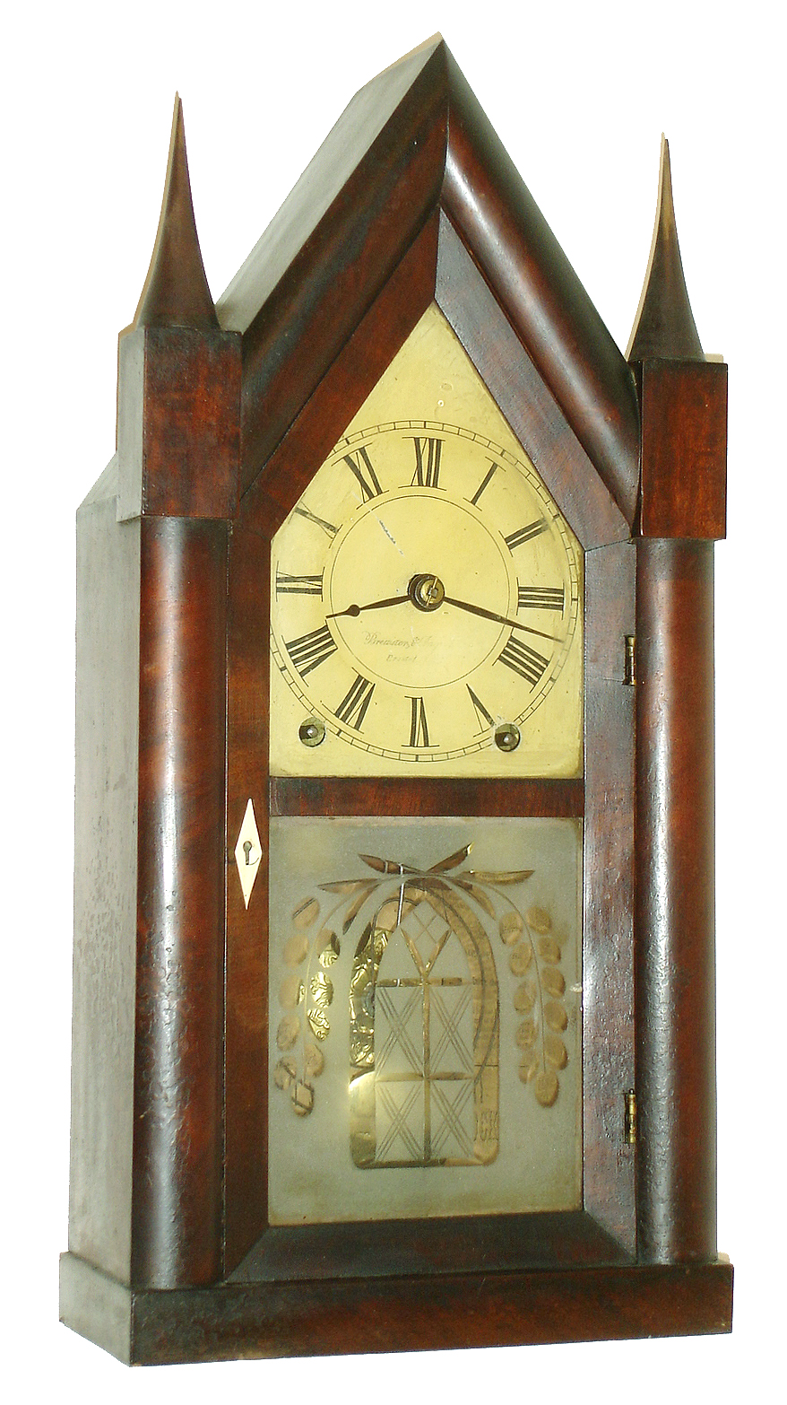 Brewster &amp; Ingrahams, Bristol, Conn., 8 days, time and strike, mahogany veneer sharp gothic or steeple clock, c1845 — Antique Clocks Price Guide