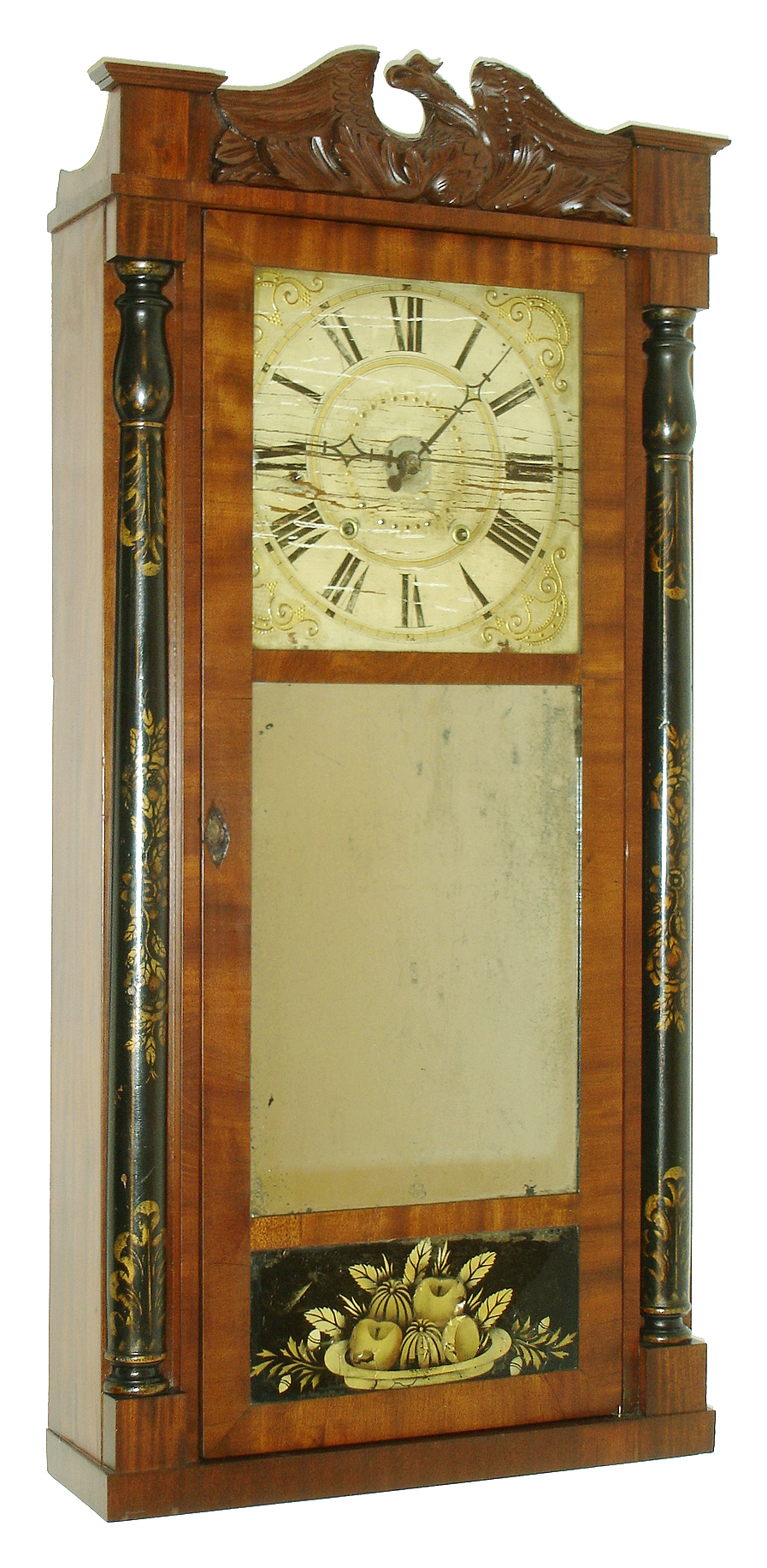 Frederick Heisely, Sen., Harrisburg, PA., 8 days, time and strike, weight brass movement half column &amp; splat shelf clock, c1830. Movement made by Heisely that he fitted to a Jeromes and Darrow case with his label overpasted on the Connecticut label. — Antique Clocks Price Guide