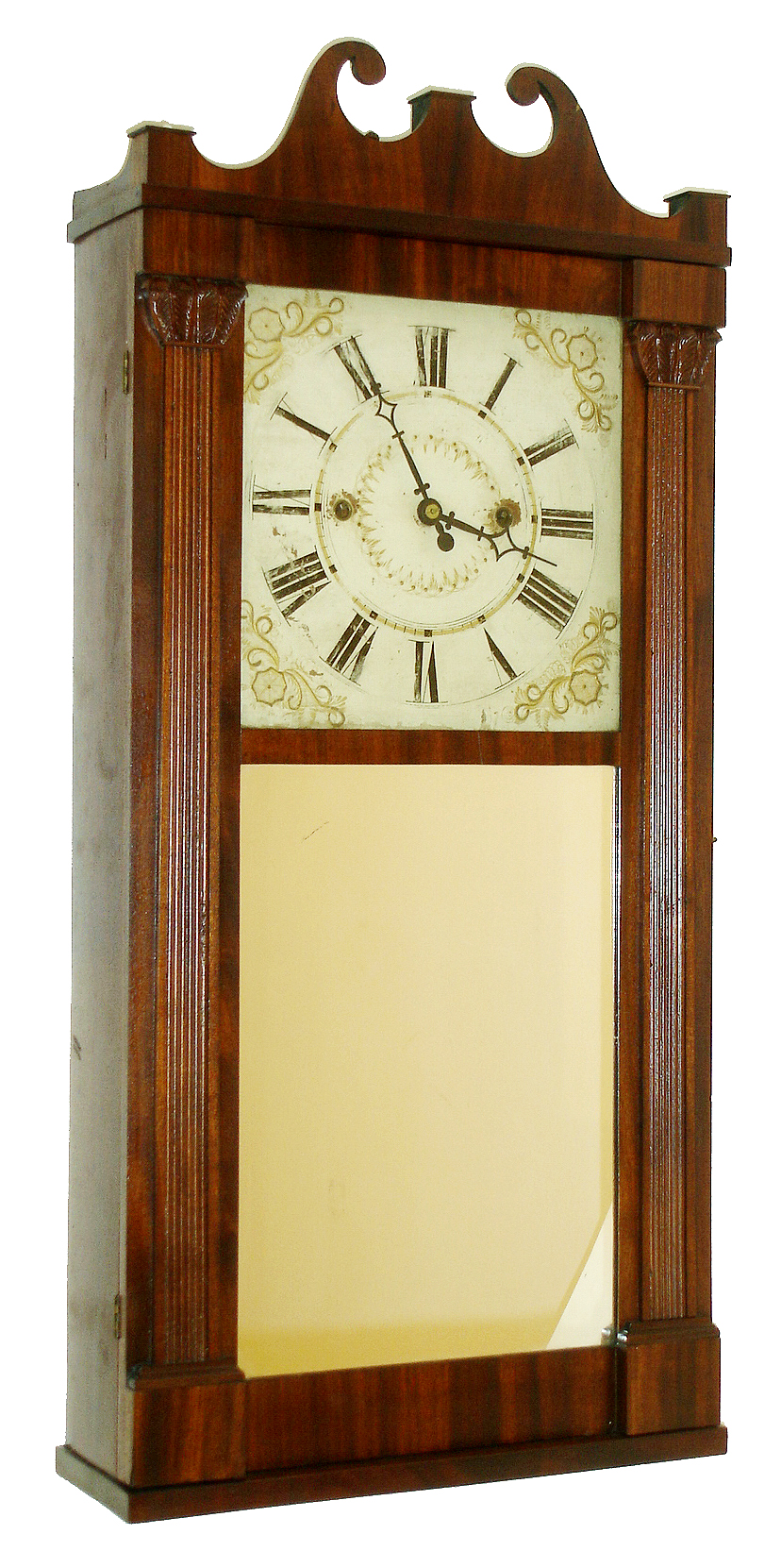 Jeromes &amp; Darrow, Bristol, Conn., 30 hour, time and strike, weight wood movement reeded pilaster &amp; scroll top shelf clock, c1830 — Antique Clocks Price Guide