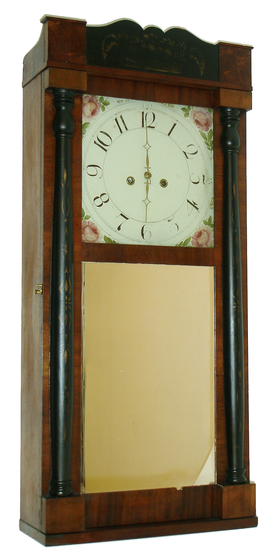 Unknown, Pennsylvania, 8 days, time and strike, weight brass movement half column &amp; splat shelf clock, c1833. Case looks to have been locally made based on a Connecticut example because the method of construction is different from those made in Connecticut. — Antique Clocks Price Guide