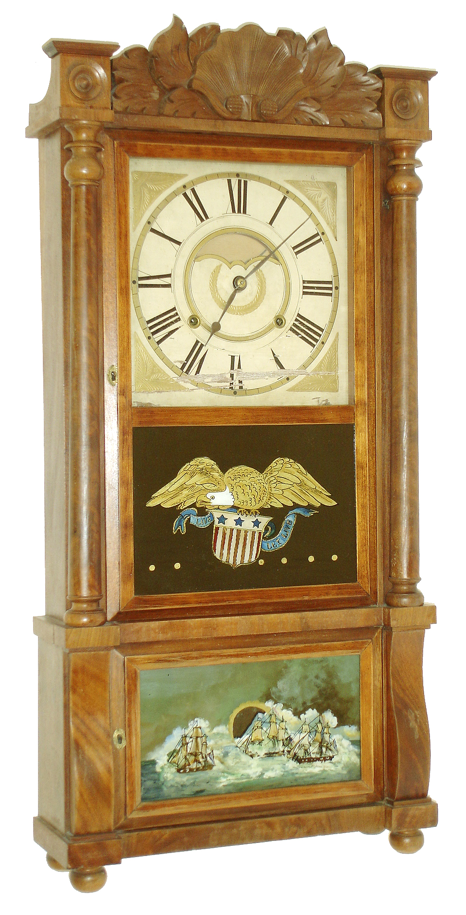 Birge, Mallory &amp; Co., Bristol, Conn., 8 days, time and strike, weight drive, strap brass movement column &amp; carved splat shelf clock, c1845 — Antique Clocks Price Guide