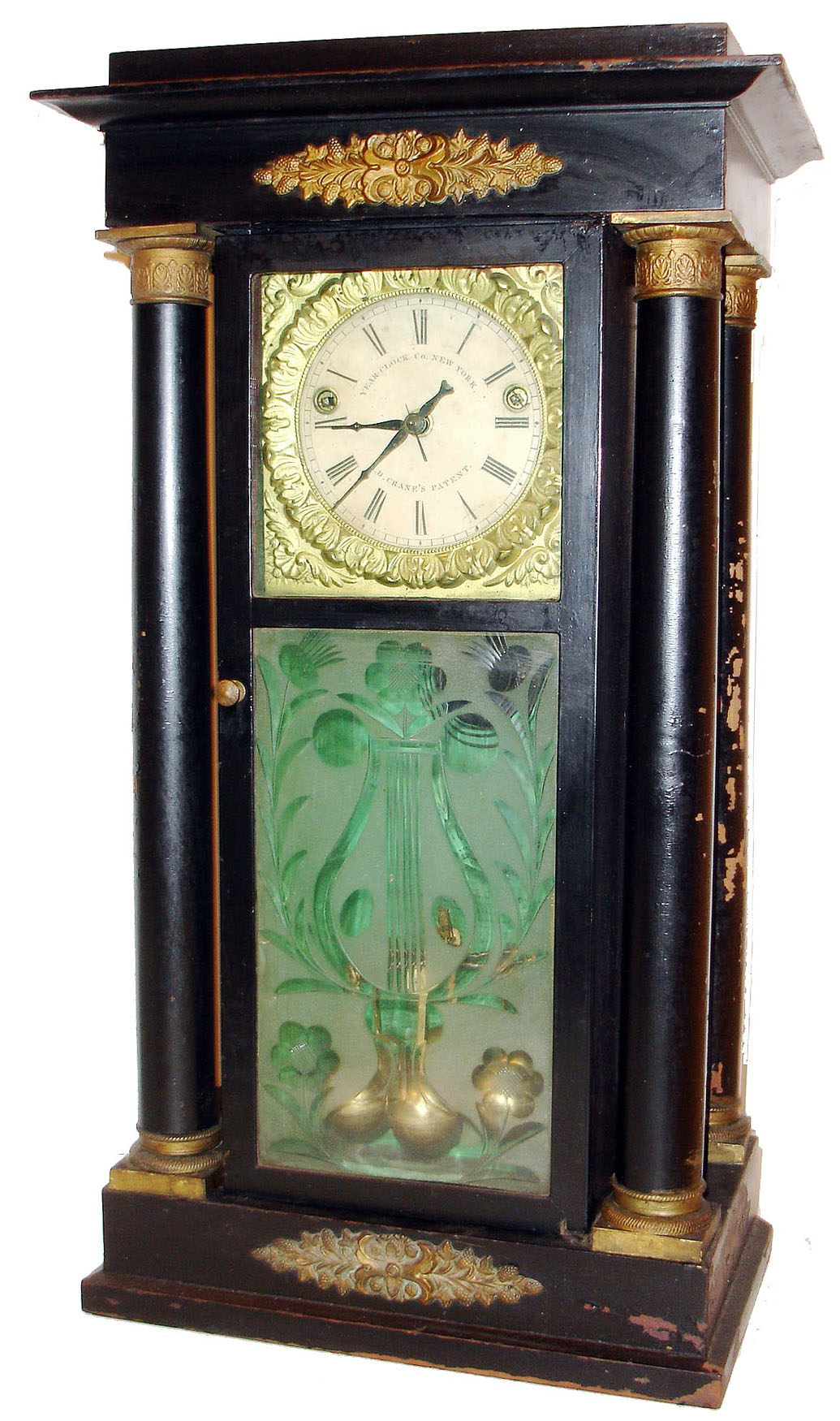 The Year Clock Co., 35 Cortlandt St, New York, Empire shelf clock with full year running period, using A D Crane patent 6 ball pendulum and unique "crawler" escapement, spring + fusee movement, glass dial and gilt bezel, c1848 — Antique Clocks Price Guide