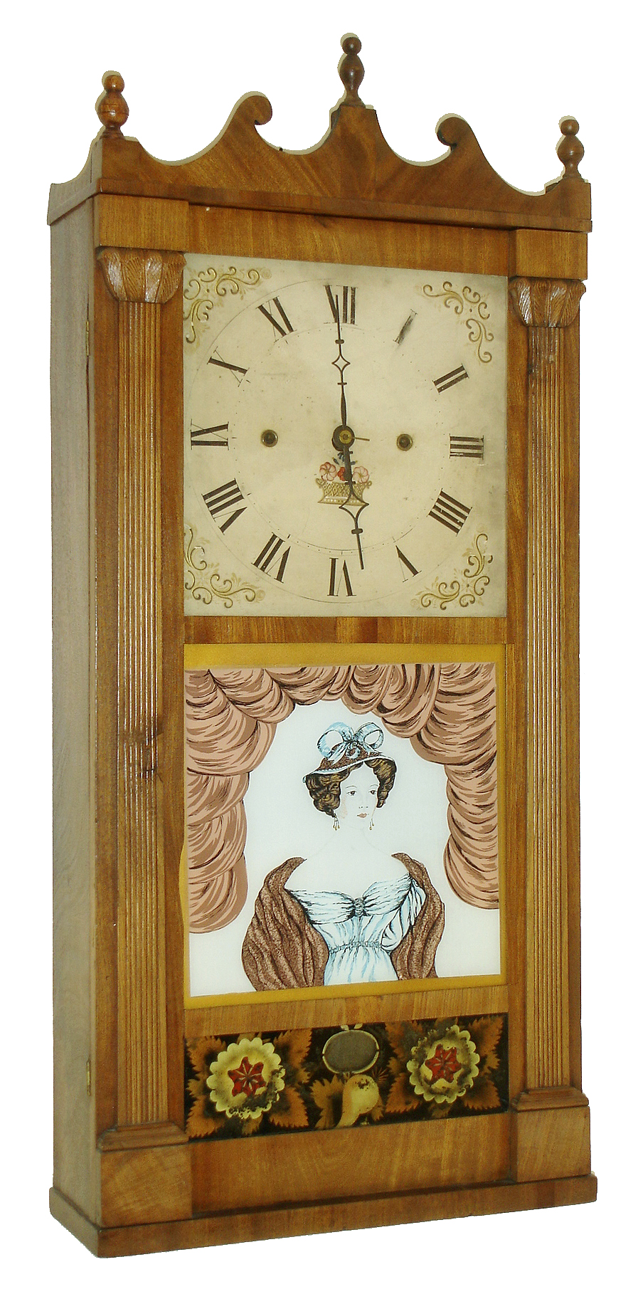 Unknown, (possibly a Jerome, Darrow &amp; Co.), Bristol, Conn., 30 hour, time and strike, weight wood "groaner" movement, reeded pilaster &amp; scroll top shelf clock, c1824 — Antique Clocks Price Guide